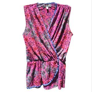 Piper & Sparrow‎ -1508 Nylon Mesh Peplum Top Sleeveless Hot Pink Small